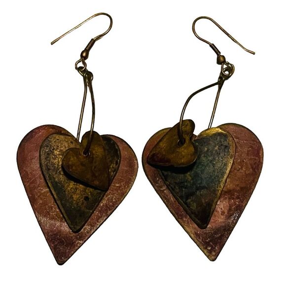 10/$25🦋 Fire Painted Copper 3 Layer Heart Earrings - Picture 1 of 10